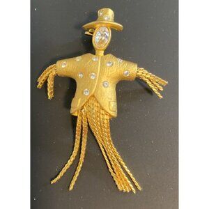 Estate Gold Tone Scarecrow Brooch w/ Rhinestones Bling Grannycore